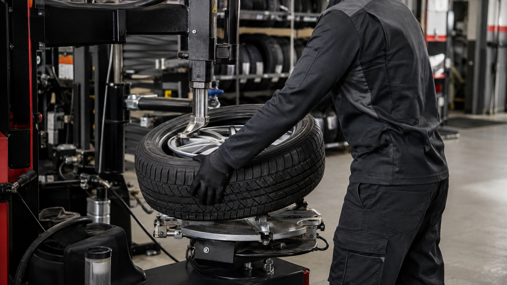 Automotive technician professionally installing a tire